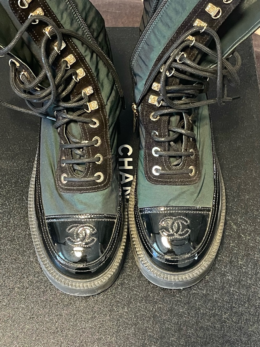 CHANEL Women’s Black & Dark Green High-Top Lace-Up Boots